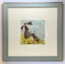 Meet the Mustards: Back to the Clubhouse by Sam Toft, mounted miniature print. A golf themed print of a person in a black coat holding up a black and white umbrella, carrying a dog in his golf club bag. A magpie leads the way.  Framed in Nordic Blue.