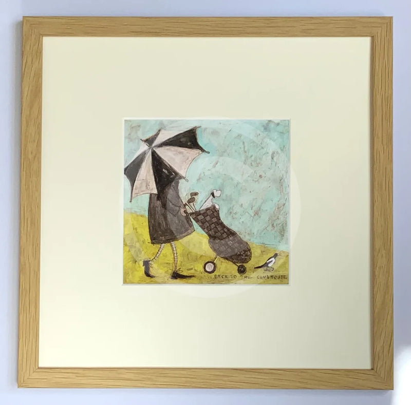 Meet the Mustards: Back to the Clubhouse by Sam Toft, mounted miniature print. A golf themed print of a person in a black coat holding up a black and white umbrella, carrying a dog in his golf club bag. A magpie leads the way. Framed in oak.