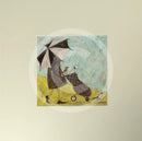 Meet the Mustards: Back to the Clubhouse by Sam Toft, mounted miniature print. A golf themed print of a person in a black coat holding up a black and white umbrella, carrying a dog in his golf club bag. A magpie leads the way. 