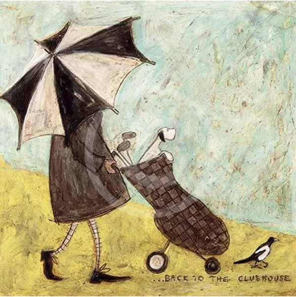 Meet the Mustards: Back to the Clubhouse by Sam Toft, mounted miniature print. A golf themed print of a person in a black coat holding up a black and white umbrella, carrying a dog in his golf club bag. A magpie leads the way. 
