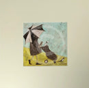 Meet the Mustards: Back to the Clubhouse by Sam Toft, mounted miniature print. A golf themed print of a person in a black coat holding up a black and white umbrella, carrying a dog in his golf club bag. A magpie leads the way. 