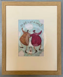 Meet the Mustards: The Best is Yet to Come by Sam Toft, mounted miniature print. A couple with linked arms skipping in the clouds with their black and white dog. Framed in oak.