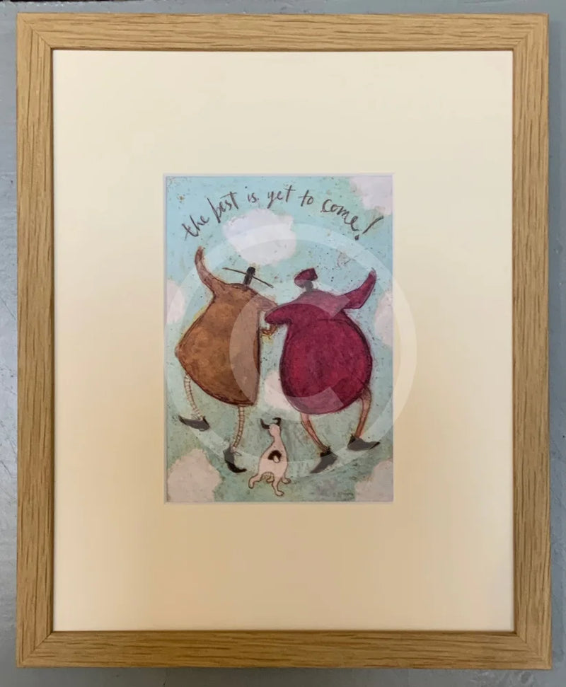 Meet the Mustards: The Best is Yet to Come by Sam Toft, mounted miniature print. A couple with linked arms skipping in the clouds with their black and white dog. Framed in oak.