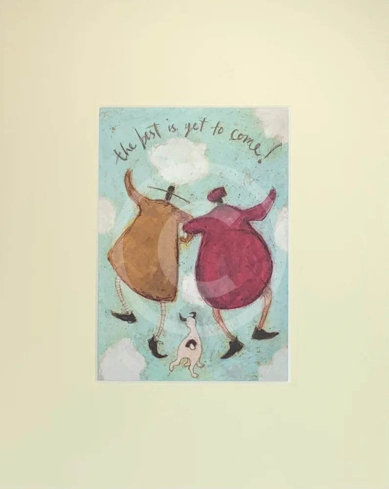 Meet the Mustards: The Best is Yet to Come by Sam Toft, mounted miniature print. A couple with linked arms skipping in the clouds with their black and white dog.
