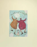 Meet the Mustards: The Best is Yet to Come by Sam Toft, mounted miniature print. A couple with linked arms skipping in the clouds with their black and white dog.