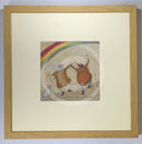 Meet the Mustards: The Best Things Happen When You're Dancing by Sam Toft, mounted miniature print. A fun picture of a couple, Mr Mustard and his wife Violet are dancing under a rainbow with their black and white dog Doris. Framed in oak.