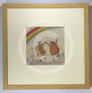 Meet the Mustards: The Best Things Happen When You're Dancing by Sam Toft, mounted miniature print. A fun picture of a couple, Mr Mustard and his wife Violet are dancing under a rainbow with their black and white dog Doris. Framed in oak.