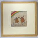 Meet the Mustards: The Best Things Happen When You're Dancing by Sam Toft, mounted miniature print. A fun picture of a couple, Mr Mustard and his wife Violet are dancing under a rainbow with their black and white dog Doris. Framed in oak.