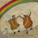 Meet the Mustards: The Best Things Happen When You're Dancing by Sam Toft, mounted miniature print. A fun picture of a couple, Mr Mustard and his wife Violet are dancing under a rainbow with their black and white dog Doris. 