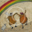 Meet the Mustards: The Best Things Happen When You're Dancing by Sam Toft, mounted miniature print. A fun picture of a couple, Mr Mustard and his wife Violet are dancing under a rainbow with their black and white dog Doris. 