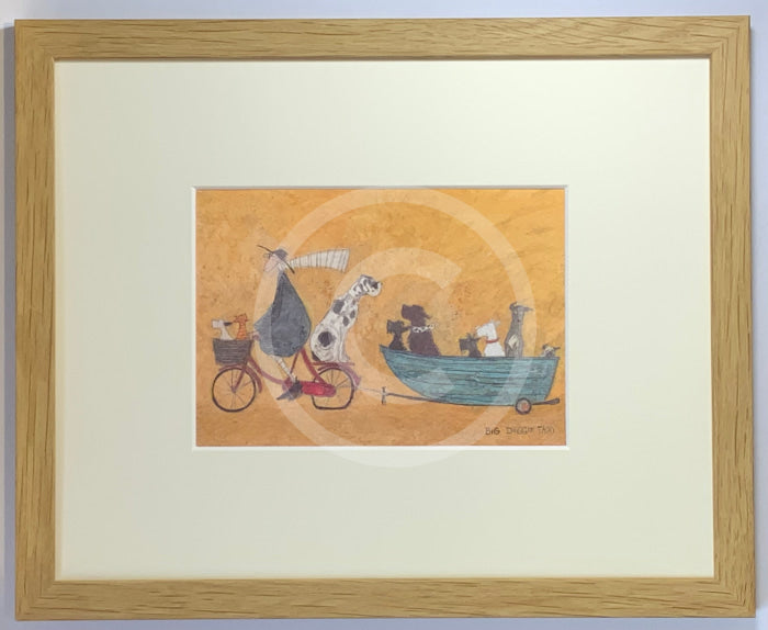 Big Doggie Taxi by Sam Toft, mounted miniature print, lots of dogs including Dalmatian and Jack Russell 
