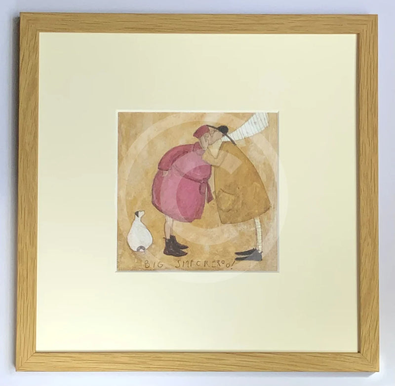 Meet the Mustards: Big Smackeroo by Sam Toft, mounted miniature print. A fun picture of a couple having  a kiss whilst their black and white dog Doris looks on. Framed in oak.