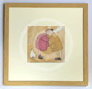 Meet the Mustards: Big Smackeroo by Sam Toft, mounted miniature print. A fun picture of a couple having  a kiss whilst their black and white dog Doris looks on. Framed in oak.