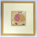 Meet the Mustards: Big Smackeroo by Sam Toft, mounted miniature print. A fun picture of a couple having  a kiss whilst their black and white dog Doris looks on. Framed in oak.