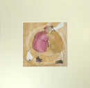 Meet the Mustards: Big Smackeroo by Sam Toft, mounted miniature print. A fun picture of a couple having  a kiss whilst their black and white dog Doris looks on.