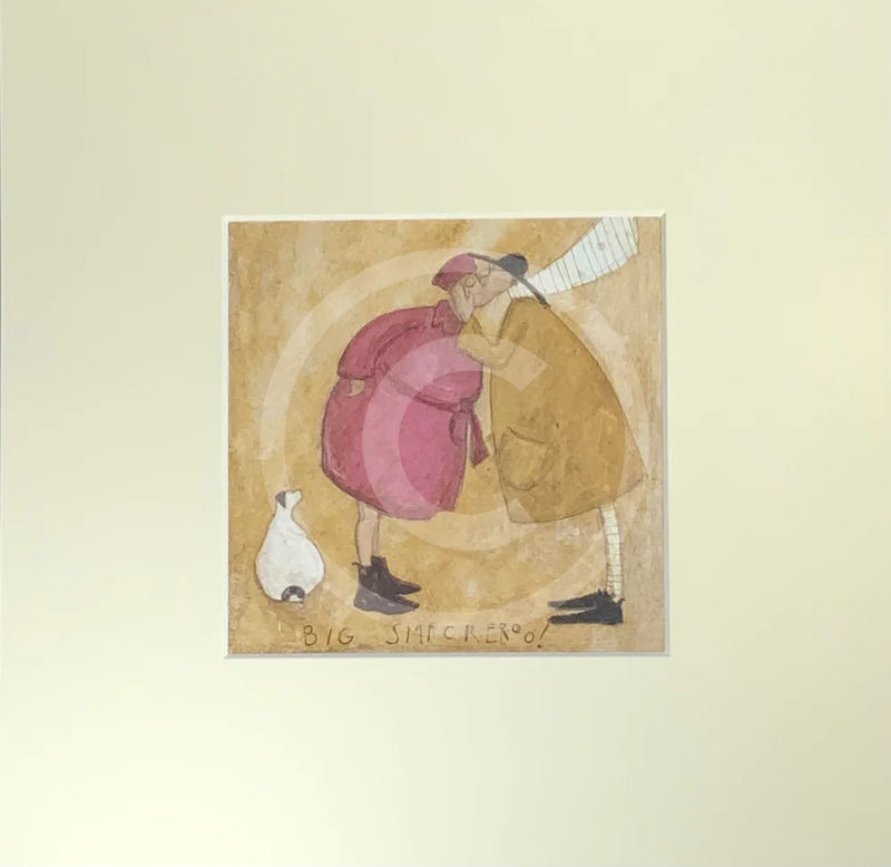 Meet the Mustards: Big Smackeroo by Sam Toft, mounted miniature print. A fun picture of a couple having  a kiss whilst their black and white dog Doris looks on.