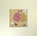 Meet the Mustards: Big Smackeroo by Sam Toft, mounted miniature print. A fun picture of a couple having  a kiss whilst their black and white dog Doris looks on.