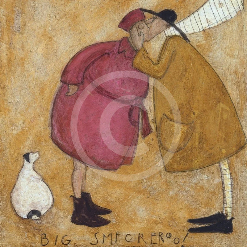 Meet the Mustards: Big Smackeroo by Sam Toft, mounted miniature print. A fun picture of a couple having  a kiss whilst their black and white dog Doris looks on.