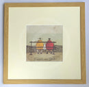 Meet the Mustards: Bums on Seat by Sam Toft, mounted miniature print. A couple sat on a bench with a black and white dog looking out, enjoying the view. Framed in oak.
