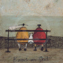 Meet the Mustards: Bums on Seat by Sam Toft, mounted miniature print. A couple sat on a bench with a black and white dog looking out, enjoying the view.