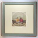 Meet the Mustards: Bums on Seat by Sam Toft, mounted miniature print. A couple sat on a bench with a black and white dog looking out, enjoying the view. Framed in Nordic Blue.