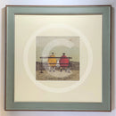 Meet the Mustards: Bums on Seat by Sam Toft, mounted miniature print. A couple sat on a bench with a black and white dog looking out, enjoying the view. Framed in Nordic Blue.