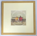 Meet the Mustards: Bums on Seat by Sam Toft, mounted miniature print. A couple sat on a bench with a black and white dog looking out, enjoying the view. Framed in oak.