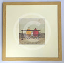 Meet the Mustards: Bums on Seat by Sam Toft, mounted miniature print. A couple sat on a bench with a black and white dog looking out, enjoying the view. Framed in oak.