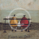 Meet the Mustards: Bums on Seat by Sam Toft, mounted miniature print. A couple sat on a bench with a black and white dog looking out, enjoying the view.