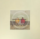 Meet the Mustards: Bums on Seat by Sam Toft, mounted miniature print. A couple sat on a bench with a black and white dog looking out, enjoying the view.