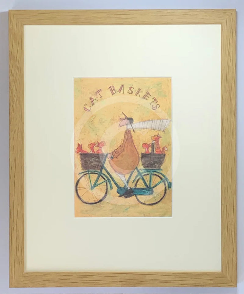 Cat Baskets by Sam Toft, mounted miniature print. Fun print with man on a bicycle with lots of cats in baskets. Framed