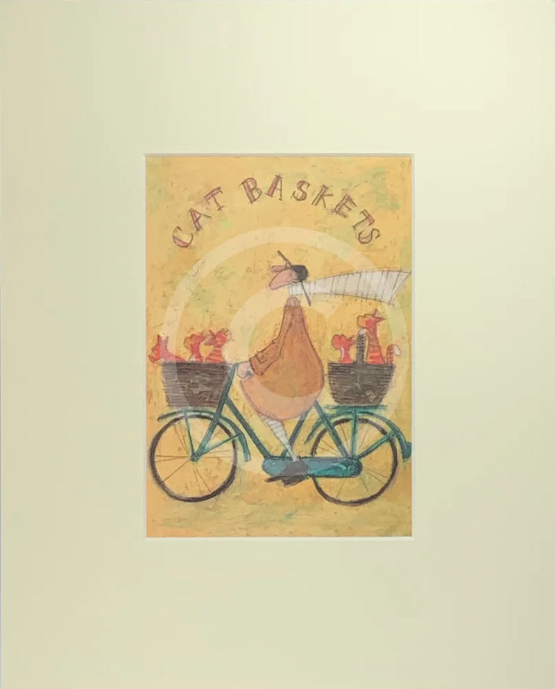 Cat Baskets by Sam Toft, mounted miniature print. Fun print with man on a bicycle with lots of cats in baskets.