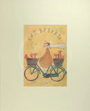 Cat Baskets by Sam Toft, mounted miniature print. Fun print with man on a bicycle with lots of cats in baskets.