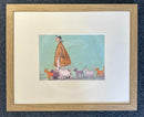Cat Walk by Sam Toft, mounted miniature print. Fun print of a man taking an entourage of different coloured cats for a walk and a white Jack Russell Dog. Framed in oak