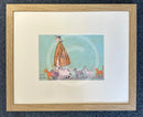 Cat Walk by Sam Toft, mounted miniature print. Fun print of a man taking an entourage of different coloured cats for a walk and a white Jack Russell Dog. Framed in oak