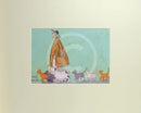 Cat Walk by Sam Toft, mounted miniature print. Fun print of a man taking an entourage of different coloured cats for a walk and a white Jack Russell Dog.