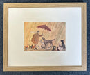 Cats and Dogs by Sam Toft, mounted miniature print. Fun picture with man holding an umbrella surrounded by lots of different cats and dogs. Framed in Oak