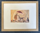 Cats and Dogs by Sam Toft, mounted miniature print. Fun picture with man holding an umbrella surrounded by lots of different cats and dogs. Framed in Oak