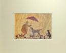 Cats and Dogs by Sam Toft, mounted miniature print. Fun picture with man holding an umbrella surrounded by lots of different cats and dogs.