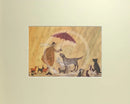 Cats and Dogs by Sam Toft, mounted miniature print. Fun picture with man holding an umbrella surrounded by lots of different cats and dogs.