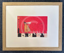Crossing With Ducks by Sam Toft, mounted miniature print. Fun pictures of a man on a zebra crossing followed by four white ducks. Framed in Oak