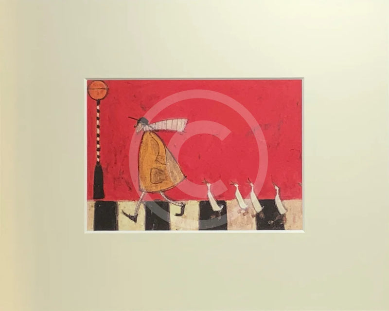 Crossing With Ducks by Sam Toft, mounted miniature print. Fun pictures of a man on a zebra crossing followed by four white ducks