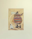 Meet the Mustards: Dancing Cheek To Cheek by Sam Toft, mounted miniature print.  A couple dancing whilst their white dog looks on. 