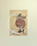 Meet the Mustards: Dancing Cheek To Cheek by Sam Toft, mounted miniature print.  A couple dancing whilst their white dog looks on. 