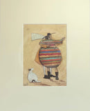 Meet the Mustards: Dancing Cheek To Cheek by Sam Toft, mounted miniature print.  A couple dancing whilst their white dog looks on. 