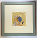 Meet the Mustards: Days Out With Friends by Sam Toft, mounted miniature print. A fun picture of a couple linking arms going for a walk with an entourage or animals. Framed in Nordic Blue.