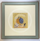 Meet the Mustards: Days Out With Friends by Sam Toft, mounted miniature print. A fun picture of a couple linking arms going for a walk with an entourage or animals. Framed in Nordic Blue.