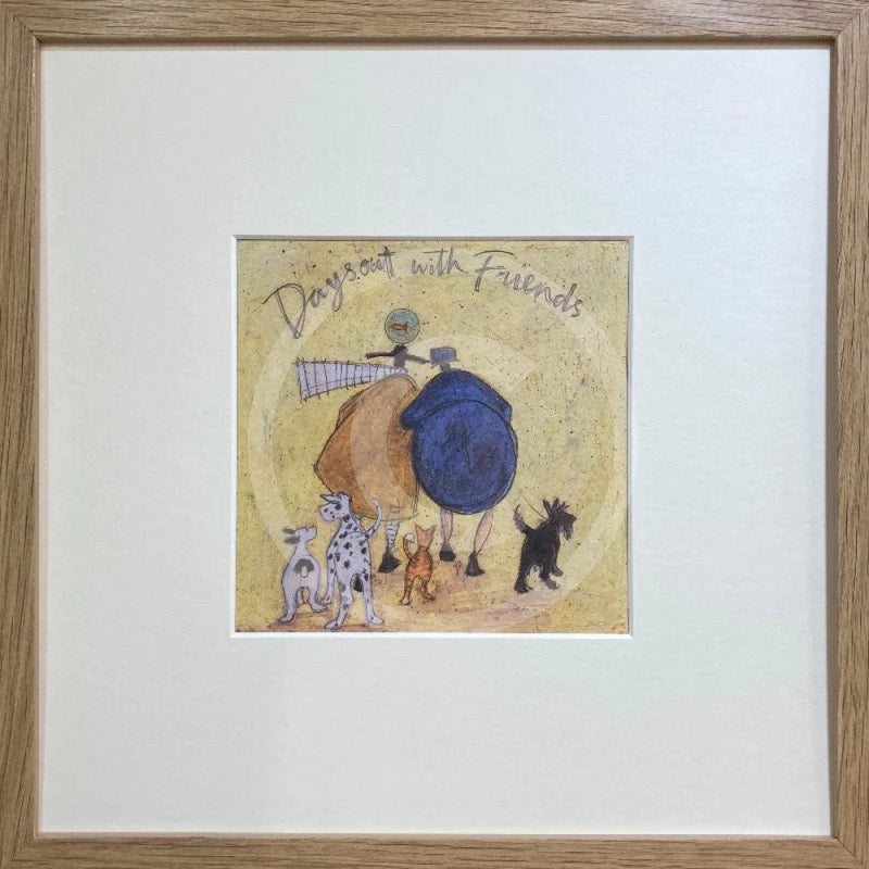 Meet the Mustards: Days Out With Friends by Sam Toft, mounted miniature print. A fun picture of a couple linking arms going for a walk with an entourage or animals. Framed in oak.