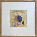 Meet the Mustards: Days Out With Friends by Sam Toft, mounted miniature print. A fun picture of a couple linking arms going for a walk with an entourage or animals. Framed in oak.