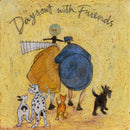 Meet the Mustards: Days Out With Friends by Sam Toft, mounted miniature print. A fun picture of a couple linking arms going for a walk with an entourage or animals. 
